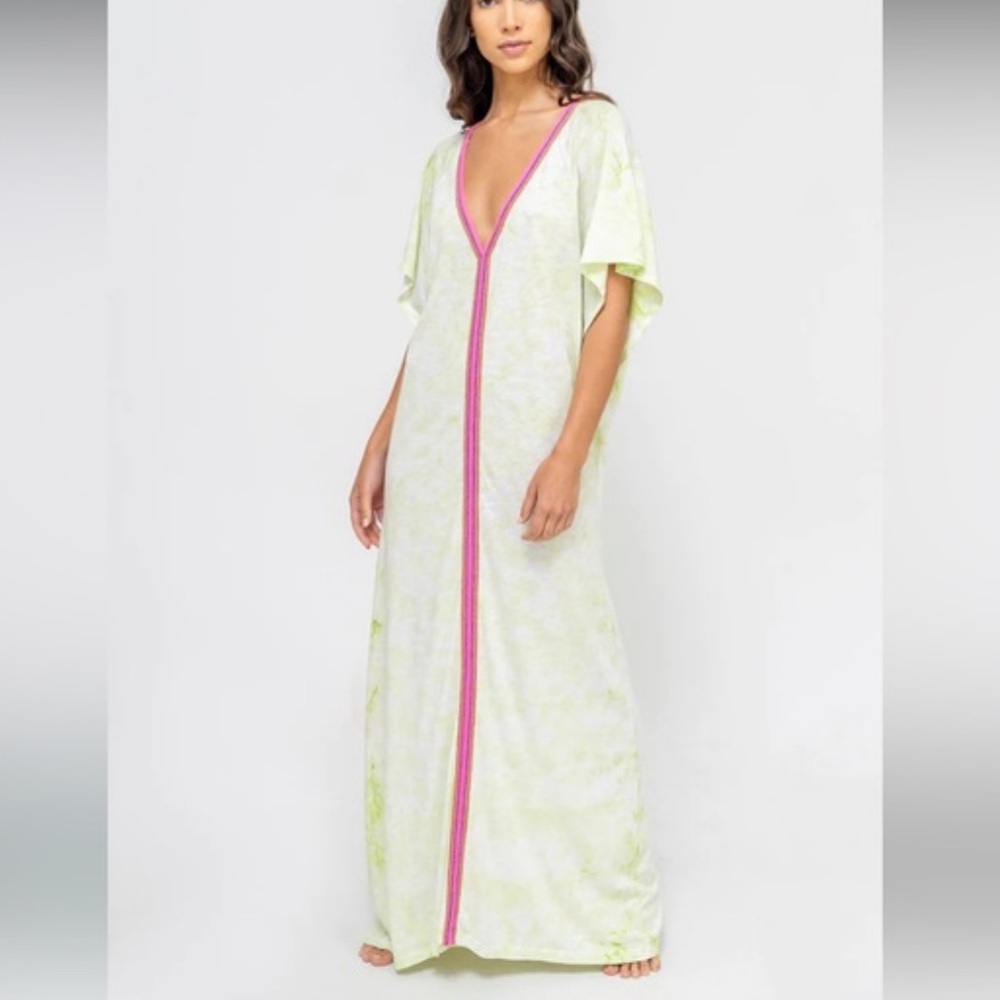 Pitusa Green Maxi Dress with Pink Trim